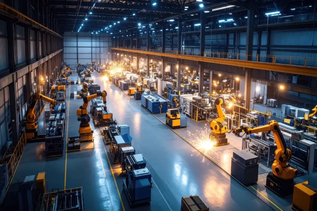 advanced automated factory robots assembling machinery with bright sparks