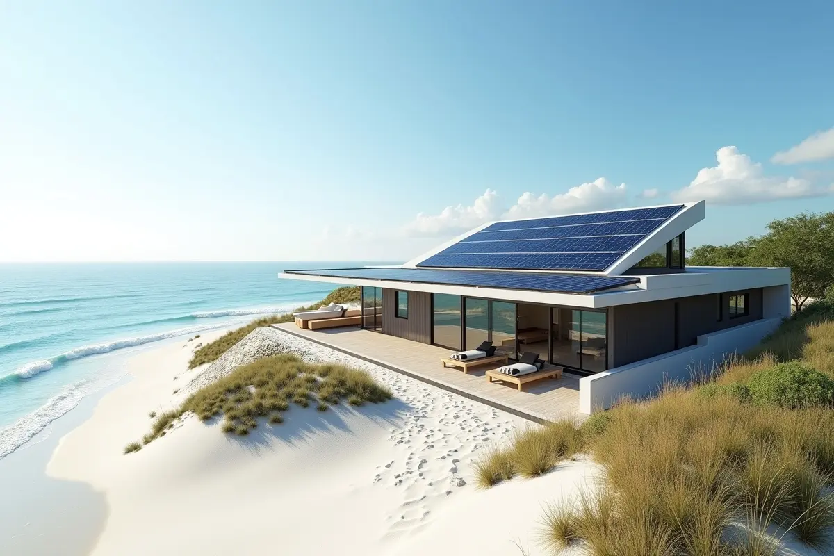 modern beach house with solar panel roof and natural landscaping