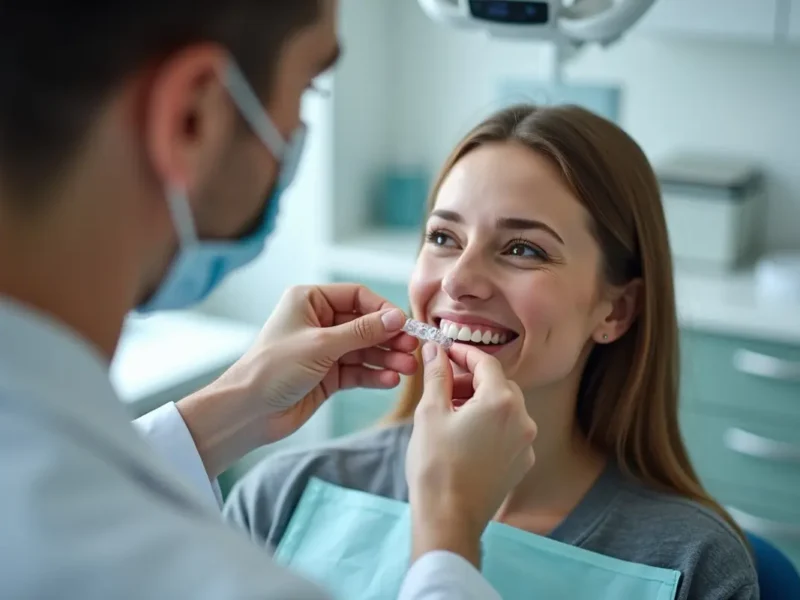 Dentist assisting a patient to wear clear aligner