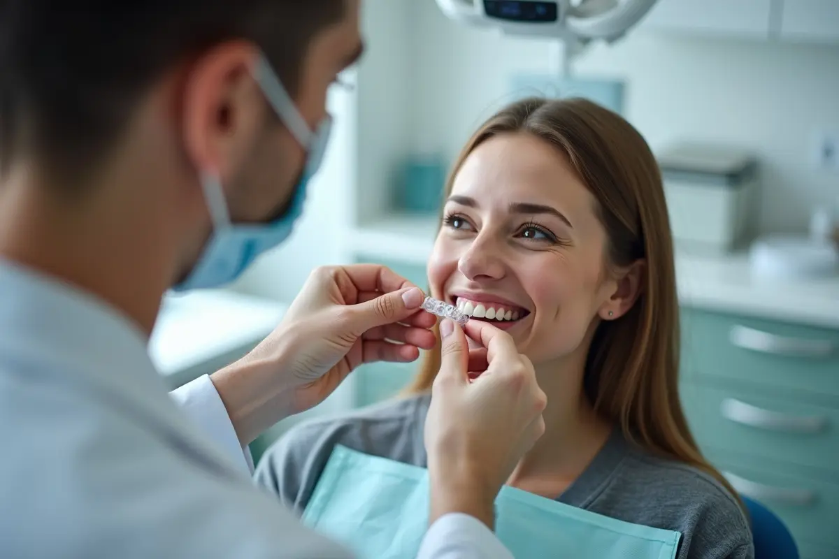 Dentist assisting a patient to wear clear aligner