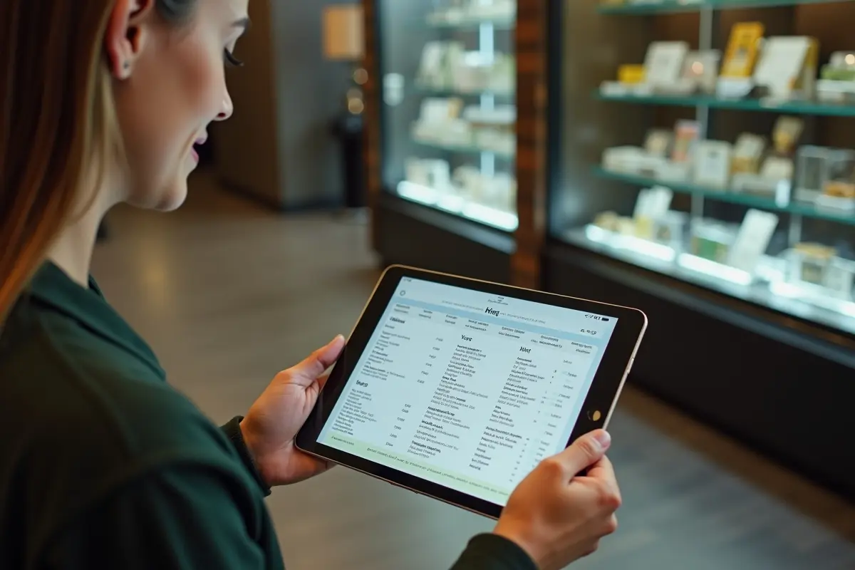 customer checking updated cannabis dispensary menu on digital tablet