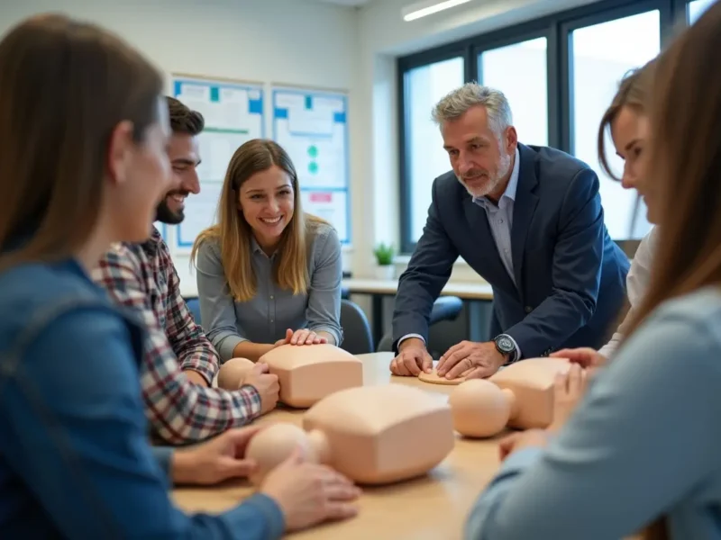 adults practicing lifesaving skills during certified first aid cpr training
