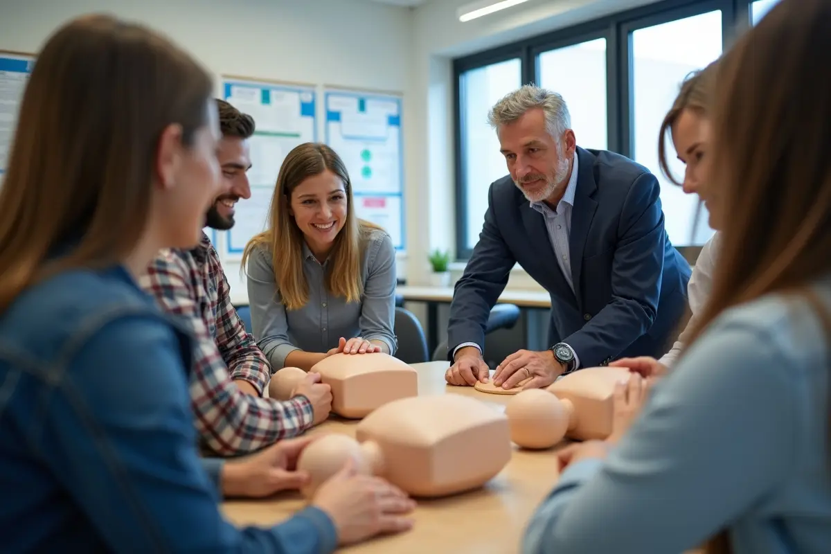 adults practicing lifesaving skills during certified first aid cpr training