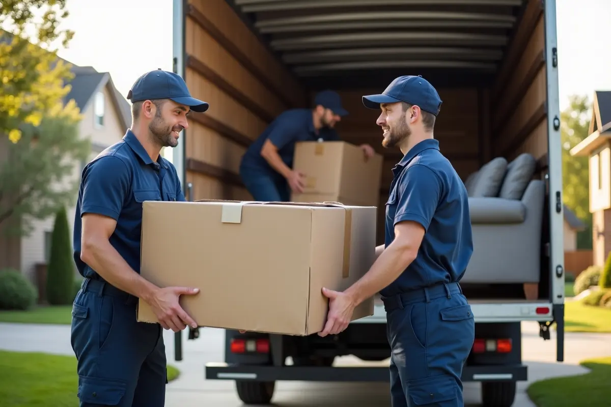 moving company workers loading household items into truck during relocation