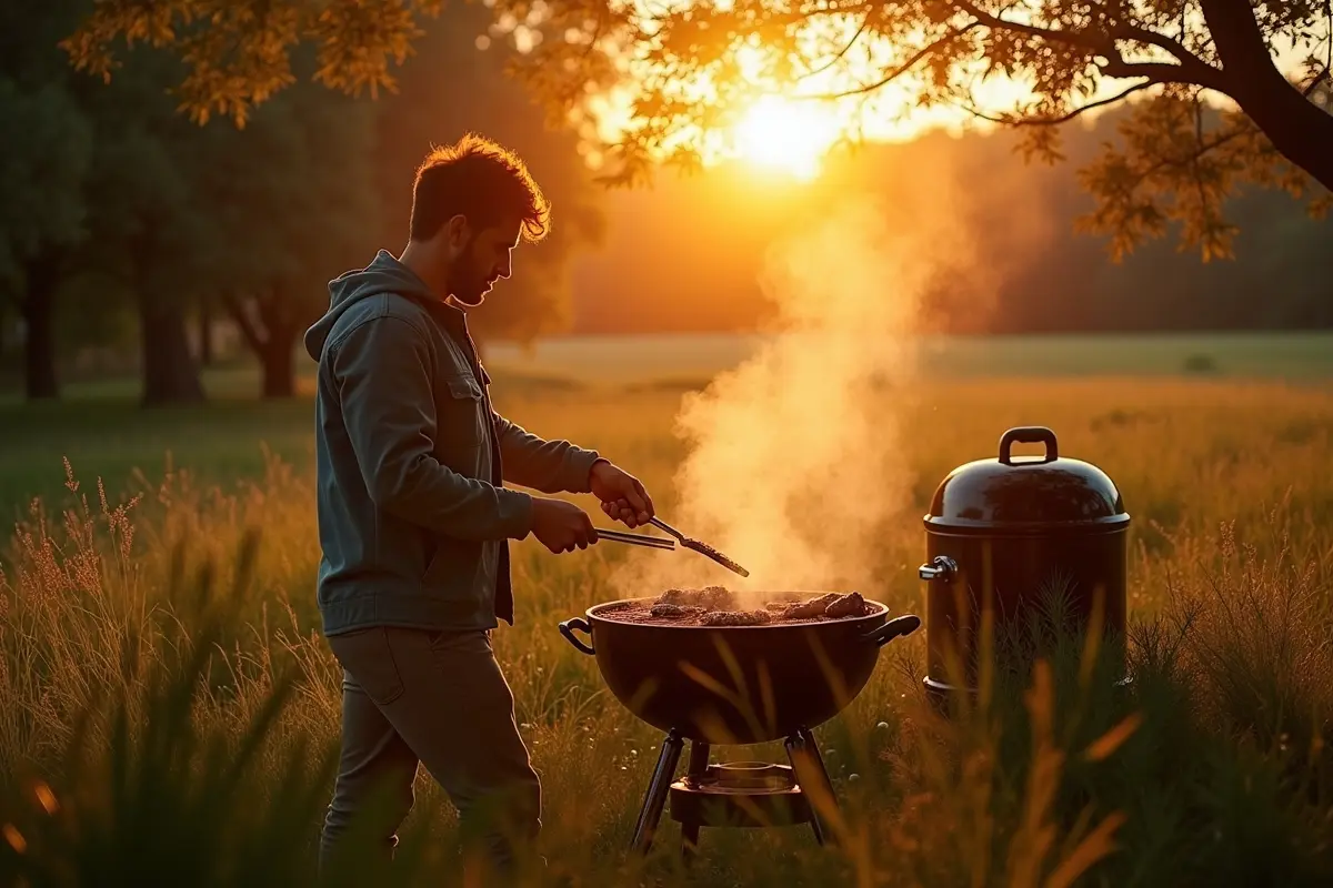 person grilling food outdoors surrounded by nature and evening sunlight