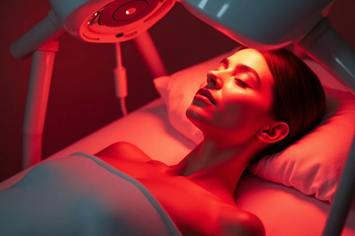 person undergoes red light therapy treatments using red light therapy device