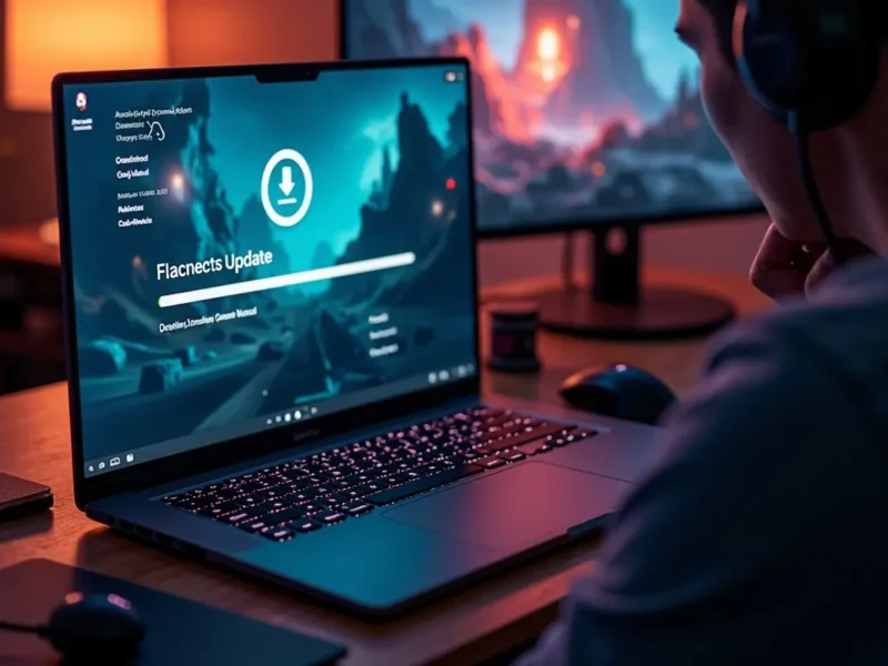 game launcher downloading update seen on laptop gamer screen