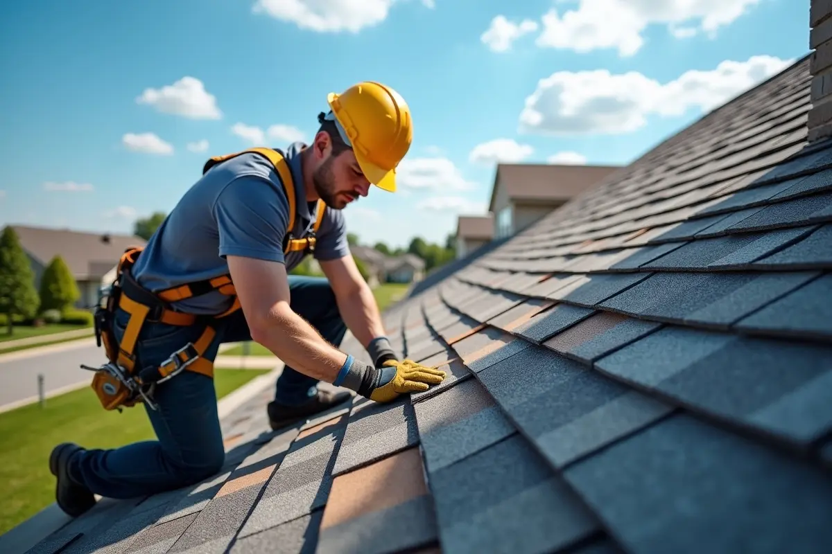 roofing professional installing shingles on residential home rooftop