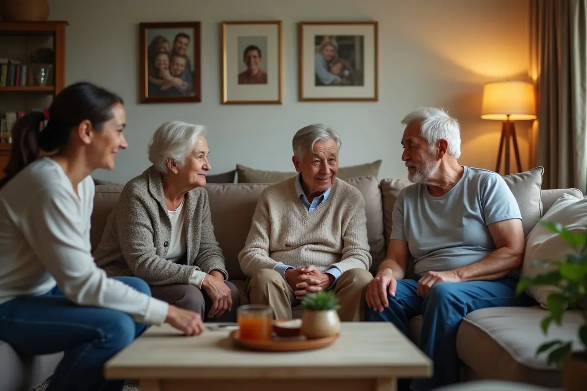 adult child gently discussing safety assistance options with aging parents