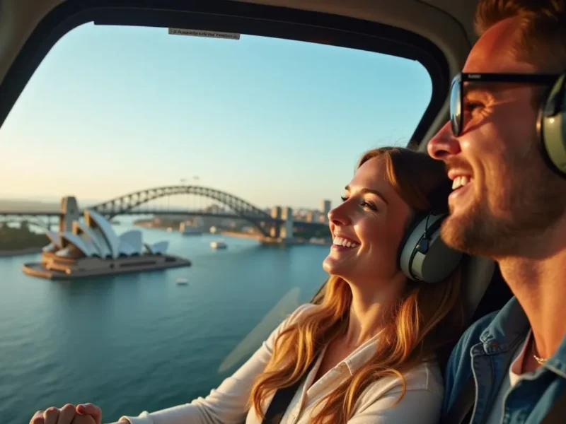 couple enjoying scenic birthday helicopter ride over sydney skyline