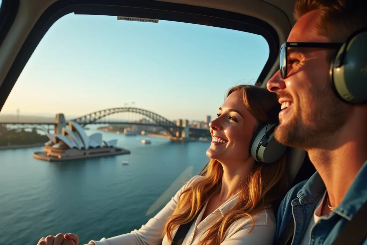 couple enjoying scenic birthday helicopter ride over sydney skyline