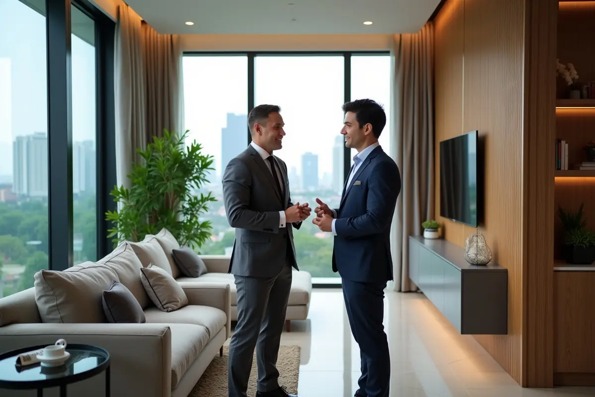 real estate agent showing modern condominium property in thailand