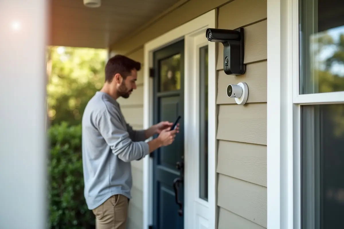 homeowner adding smart features to strengthen overall home security system