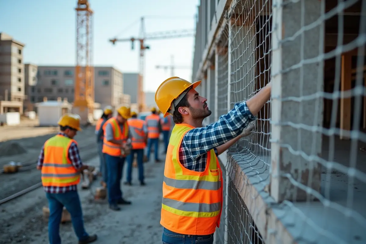 construction crew using warehouse netting to improve jobsite safety