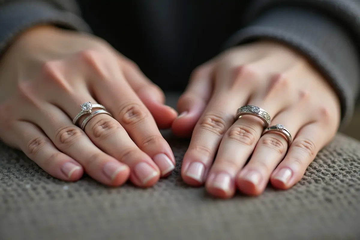 couple comparing wedding ring sets before choosing their perfect matching design
